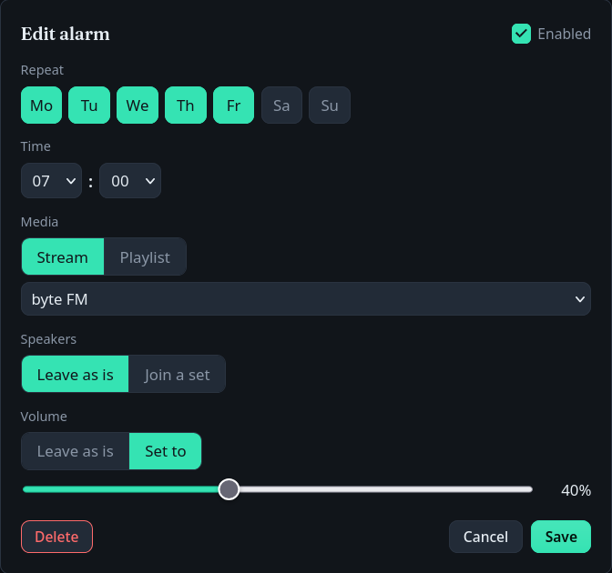 The alarm editor: day toggles, a time picker, stream-or-playlist media, speaker selection and a volume slider.