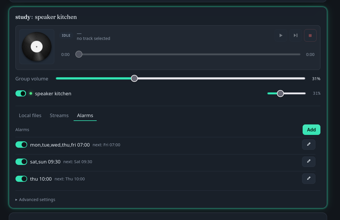 The Alarms tab for a room, listing scheduled playbacks with their next-run times and enable switches.
