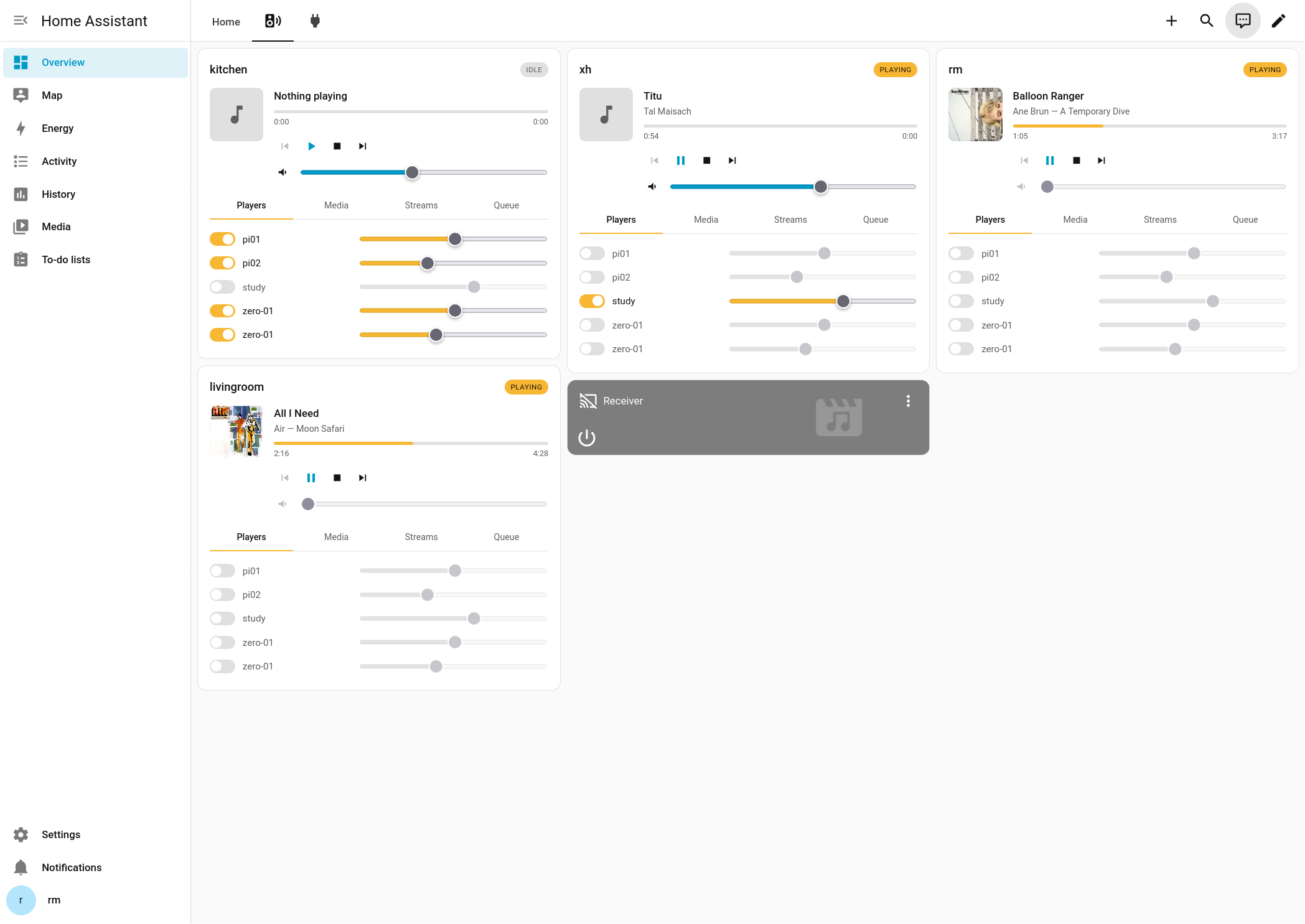 Ondaire room cards on a Home Assistant dashboard