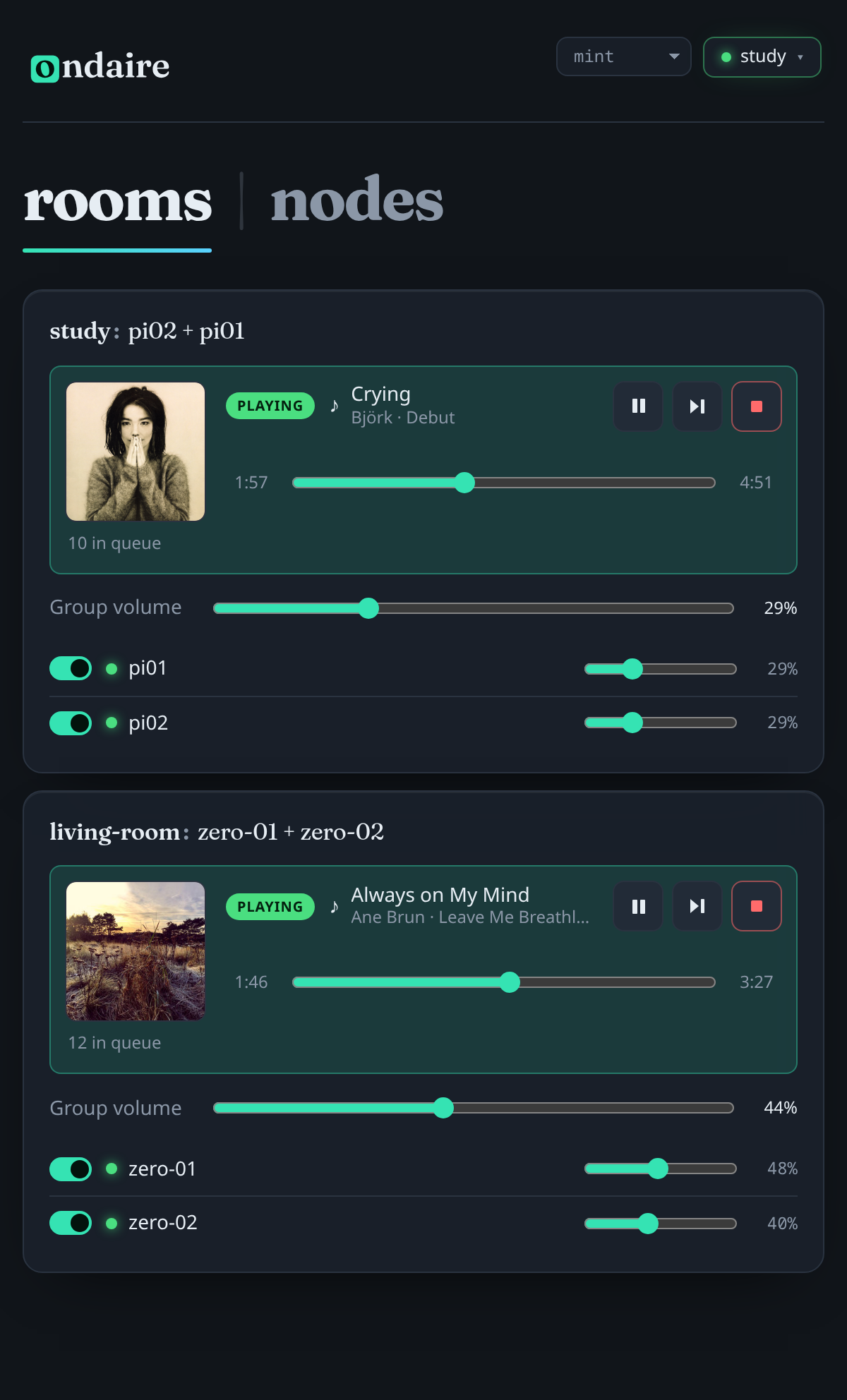 The ondaire web app on a phone: a playing room group with cover art, now-playing track, group volume and per-speaker volumes.