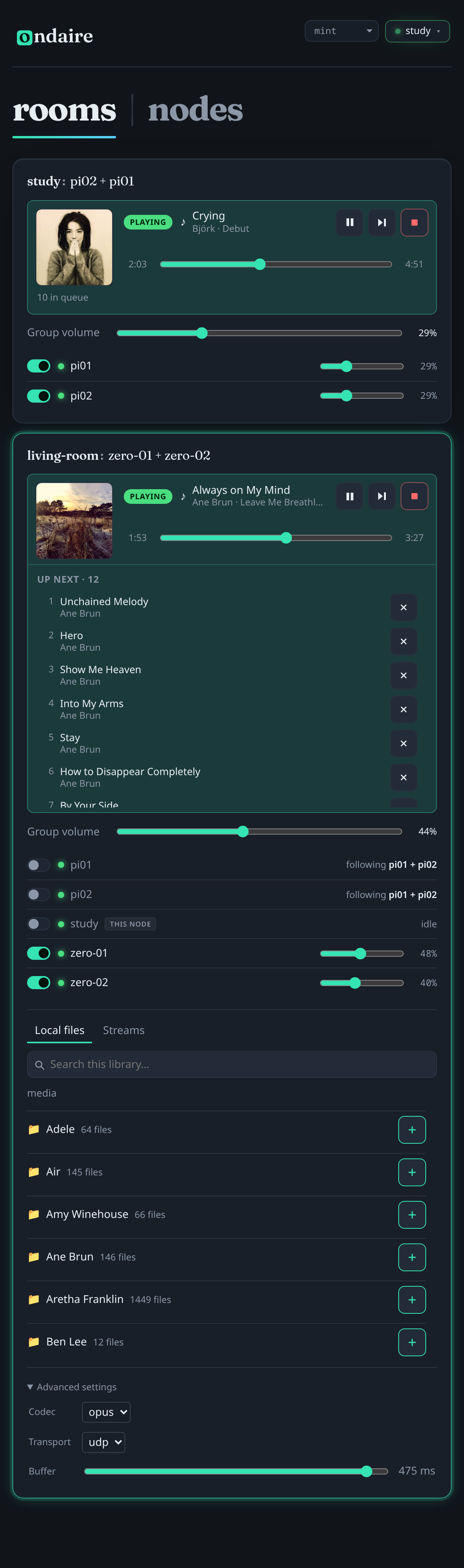 The ondaire web app showing a room’s player roster and the media browser.