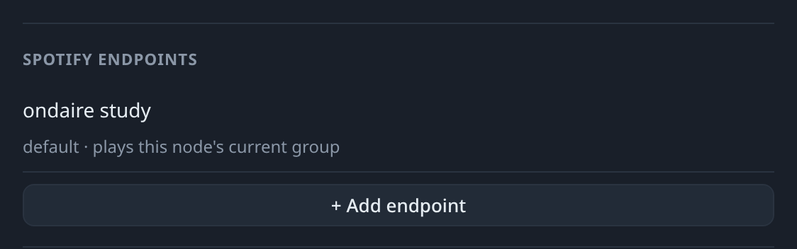 The Spotify endpoints editor with a default device and a custom preset of players.